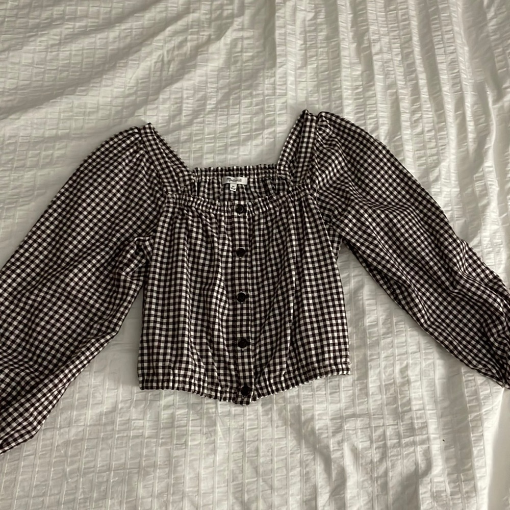 Madewell Brown and White Gingham Button Down Cropped Top with Long Sleeves